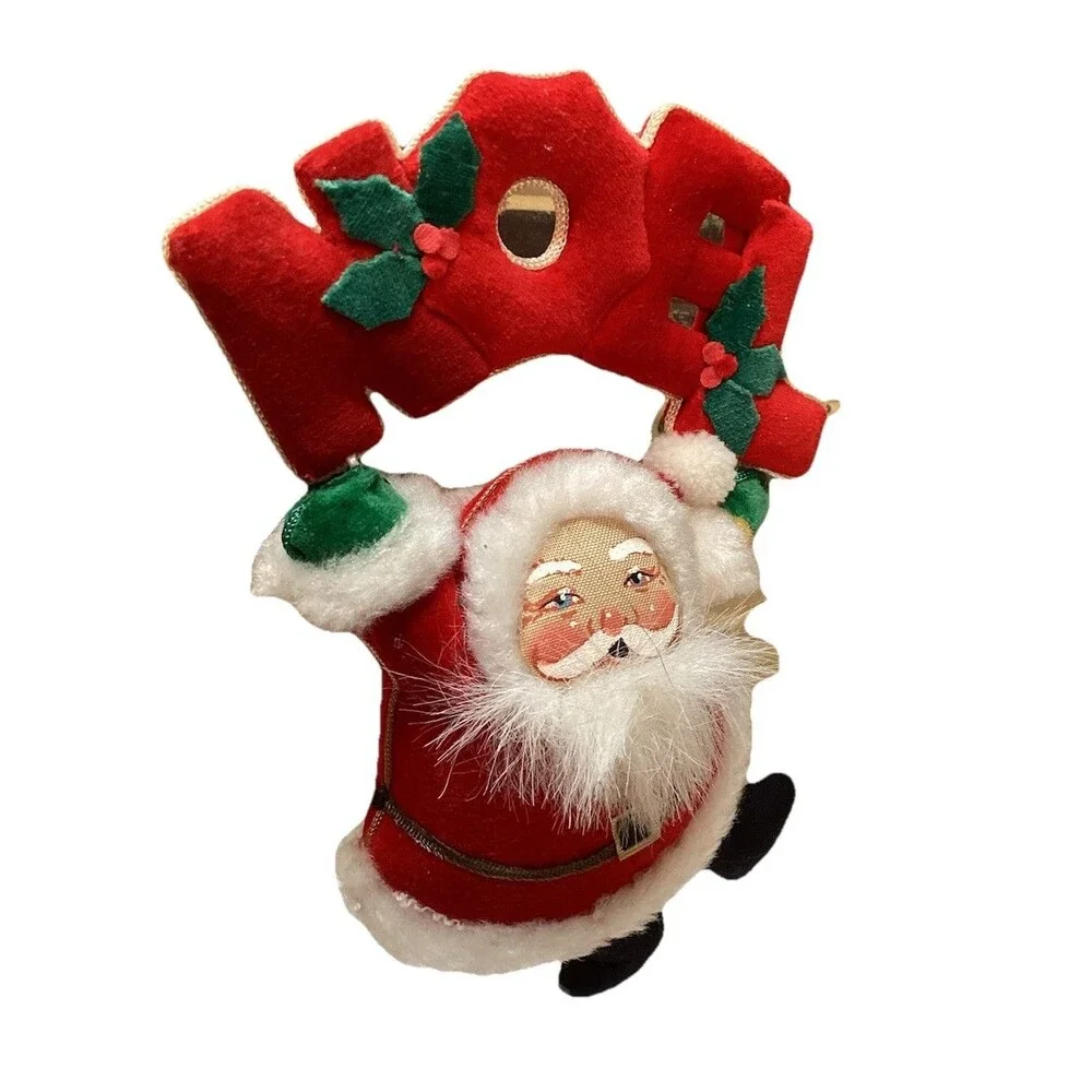 Vtg Santa Claus Red Velvet Plush Fur Xmas Hanging Tree Ornament W/ Noel Sign